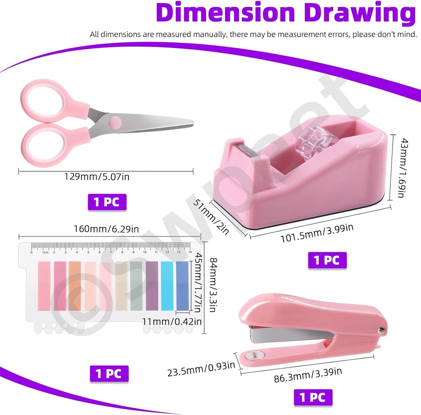 Swpeet 9Pcs Pink Office Supplies Kit, Desk Accessories Including Stapler, Tape Dispenser, Staple Remover, Tabs, Scissors, Staples, Tape, Clips and Sticky Note Ideal for Office and School