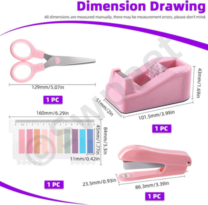 Swpeet 9Pcs Pink Office Supplies Kit, Desk Accessories Including Stapler, Tape Dispenser, Staple Remover, Tabs, Scissors, Staples, Tape, Clips and Sticky Note Ideal for Office and School