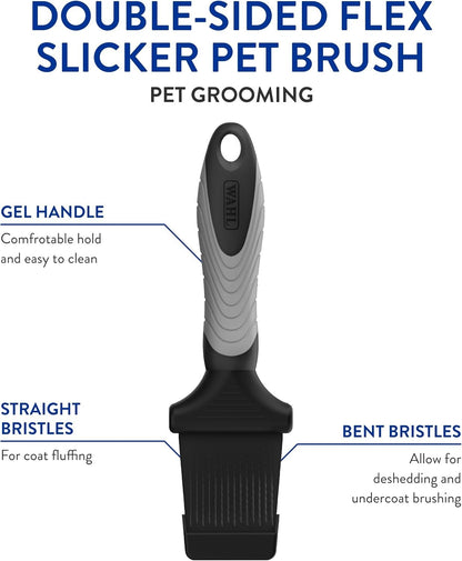 WAHL Professional Animal Double-Sided Flex Slicker Brush for Dogs & Cats (#858478) - Durable Pin Brush for Long-Haired Breeds like Bichon Frises & Collies - Ergonomic Black & Gray Grooming Tool