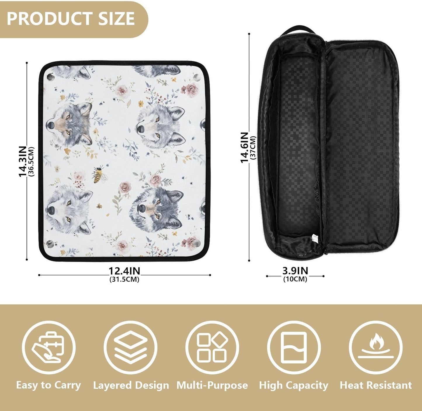 Borsa da viaggio estetica con lupi carini per capelli da donna con cuscinetto resistente al calore Strumenti di riscaldamento Borsa da viaggio Organizer per utensili caldi e accessori per la cura dei