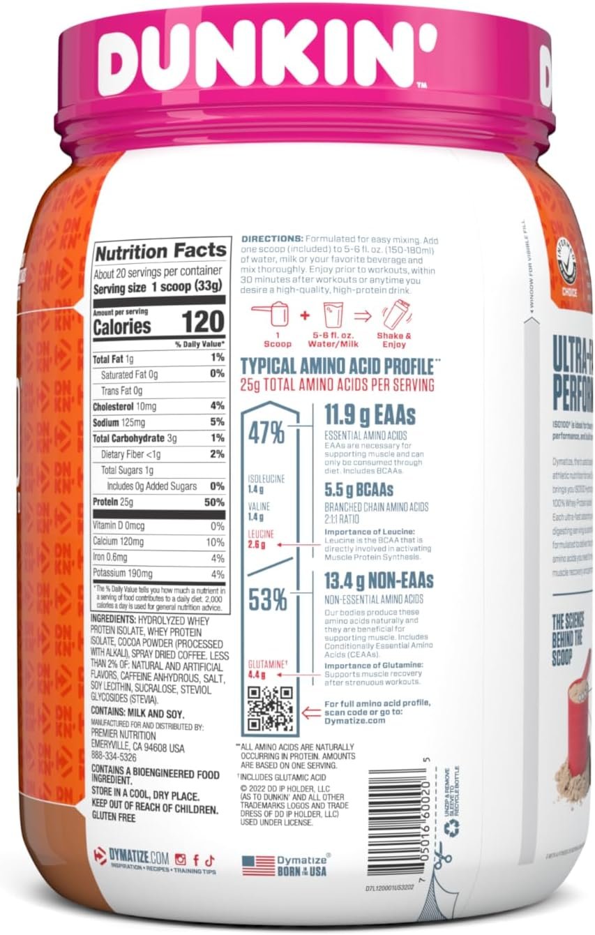 Dymatize ISO100 Hydrolyzed Protein Powder in Dunkin' Mocha Latte Flavor, 100% Whey Isolate Protein, 25g Protein, 95mg Caffeine, 5.5g BCAAs, Gluten Free, Fast Absorbing, Easy Digesting, 20 Servings