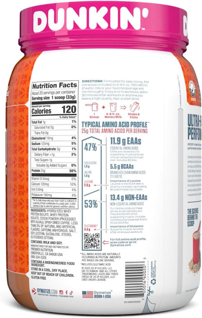 Dymatize ISO100 Hydrolyzed Protein Powder in Dunkin' Mocha Latte Flavor, 100% Whey Isolate Protein, 25g Protein, 95mg Caffeine, 5.5g BCAAs, Gluten Free, Fast Absorbing, Easy Digesting, 20 Servings