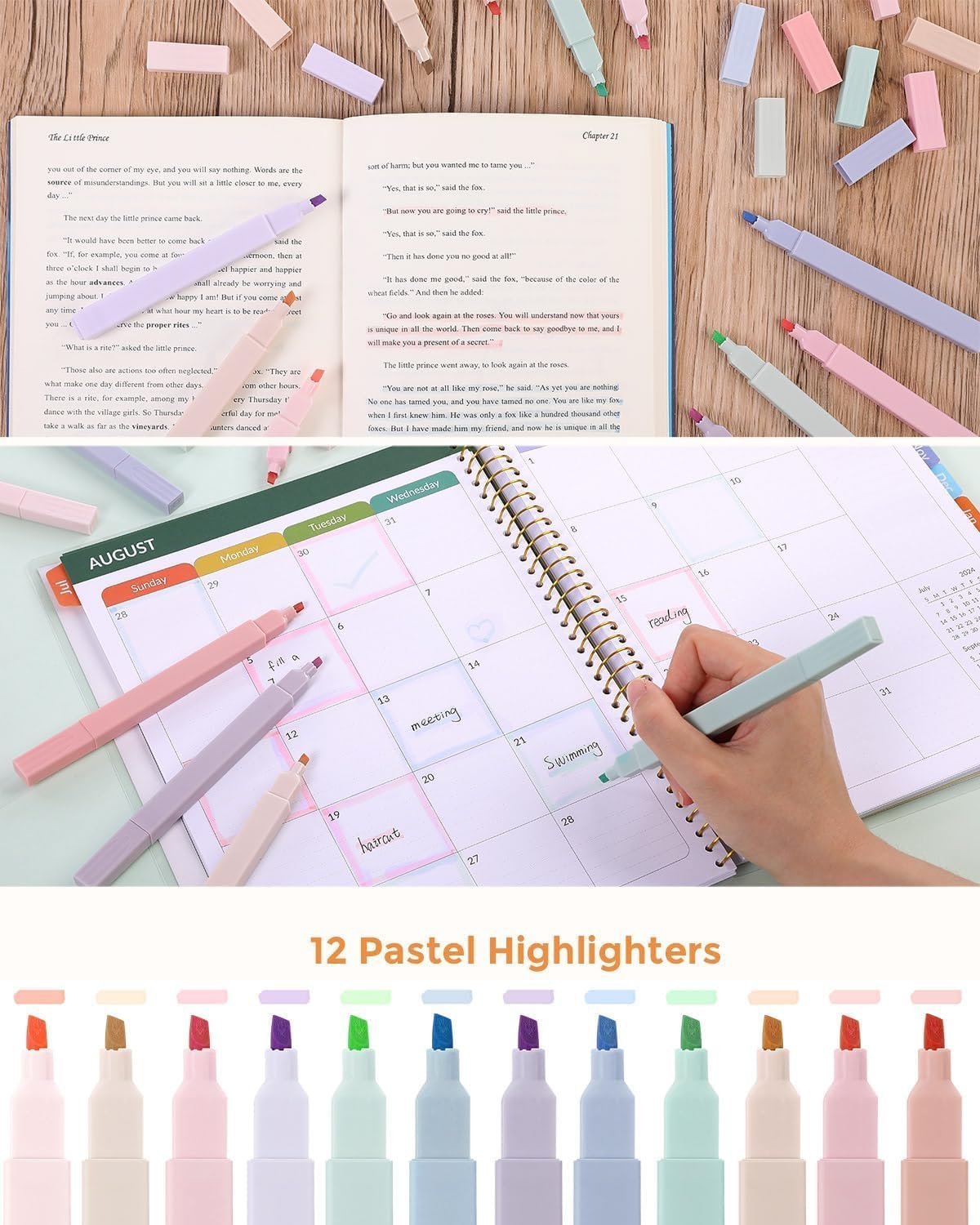 SKYDUE Cute School Supplies 44 PCS, Aesthetic Pencil Case with 12 Pastel Highlighters, 5 Black Gel Pens, 6 Color Gel Pens & Mechanical Pencils, College Essentials Students Stationary Set Blue