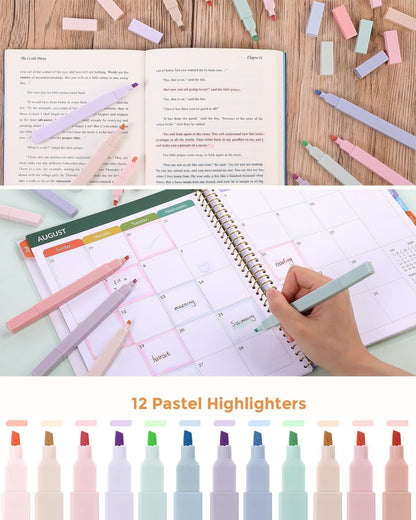 SKYDUE Cute School Supplies 44 PCS, Aesthetic Pencil Case with 12 Pastel Highlighters, 5 Black Gel Pens, 6 Color Gel Pens & Mechanical Pencils, College Essentials Students Stationary Set Blue