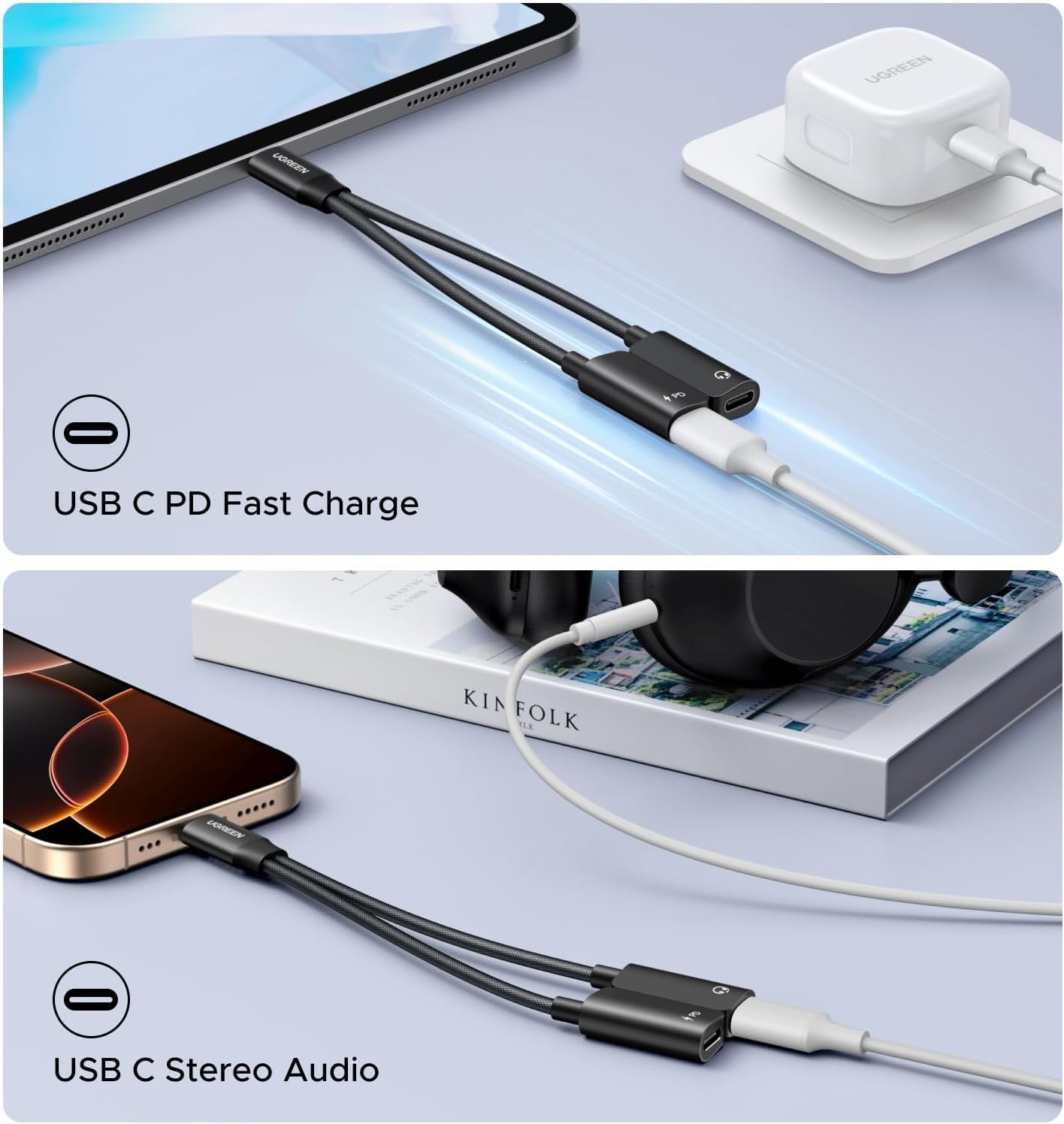 UGREEN Magnetic USB C Splitter 1 in 2 Out Dual USB C Headphone and Charger Type C Audio Adapter with PD 60W Fast Charging Dongle Cable for iPhone 16 Pro Max, Galaxy S25 Ultra, Pixel 9, iPad Pro/Air