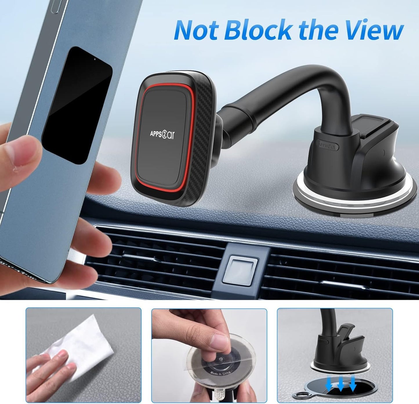 Magnetic Car Mount, Universal Magnetic Phone Car Mount with 6 Strong Magnets, Windshield Phone Mount, Suction Cup Phone Holder, Magnet Phone Holder fit All Smartphones & Mini Tablets Large Devices