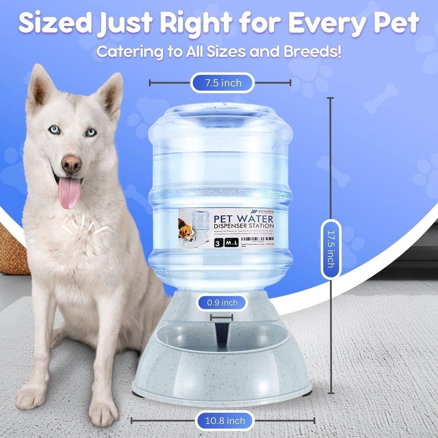 Flexzion Gravity Pet Water Dispenser Drinking Station for Dogs Cats (3 Gallon) Automatic Replenish Waterer for Small Large Breed Dog Cat Animal, Feeding Watering Fountain Supplies Bottle Dish Bowl