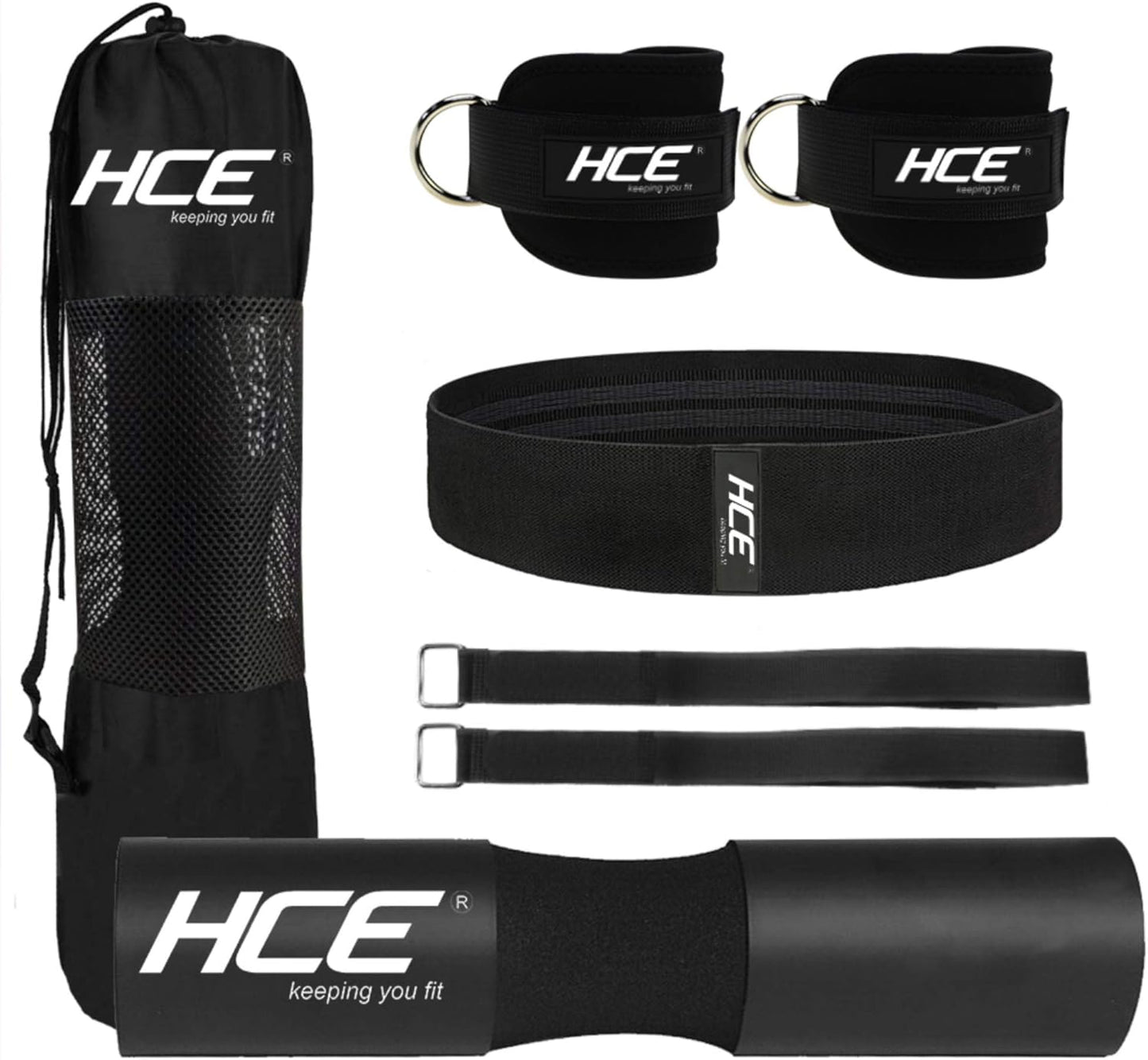 HCE 7-Pc Barbell Squat Support Pad with Straps, Hip Thrust Foam Cushion Pads, Thick Barbell Foam Cushion with 2 Gym Ankle Straps, Booty Hip Band and Carry Bag - Bodybuilding Home & Commercial Gym Accessories