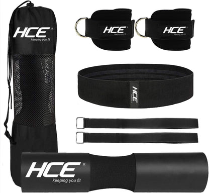 HCE 7-Pc Barbell Squat Support Pad with Straps, Hip Thrust Foam Cushion Pads, Thick Barbell Foam Cushion with 2 Gym Ankle Straps, Booty Hip Band and Carry Bag - Bodybuilding Home & Commercial Gym Accessories