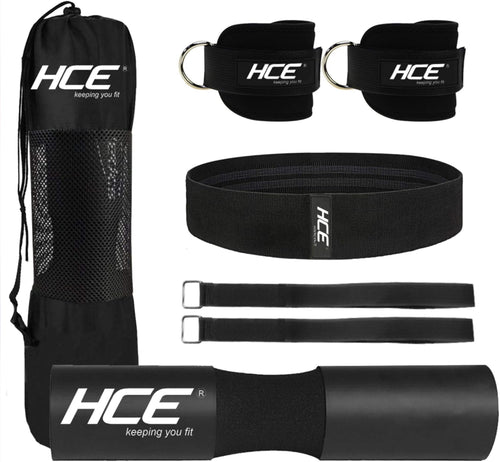 HCE 7-Pc Barbell Squat Support Pad with Straps, Hip Thrust Foam Cushion Pads, Thick Barbell Foam Cushion with 2 Gym Ankle Straps, Booty Hip Band and Carry Bag - Bodybuilding Home & Commercial Gym Accessories