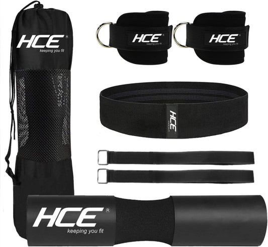 HCE 7-Pc Barbell Squat Support Pad with Straps, Hip Thrust Foam Cushion Pads, Thick Barbell Foam Cushion with 2 Gym Ankle Straps, Booty Hip Band and Carry Bag - Bodybuilding Home & Commercial Gym Accessories