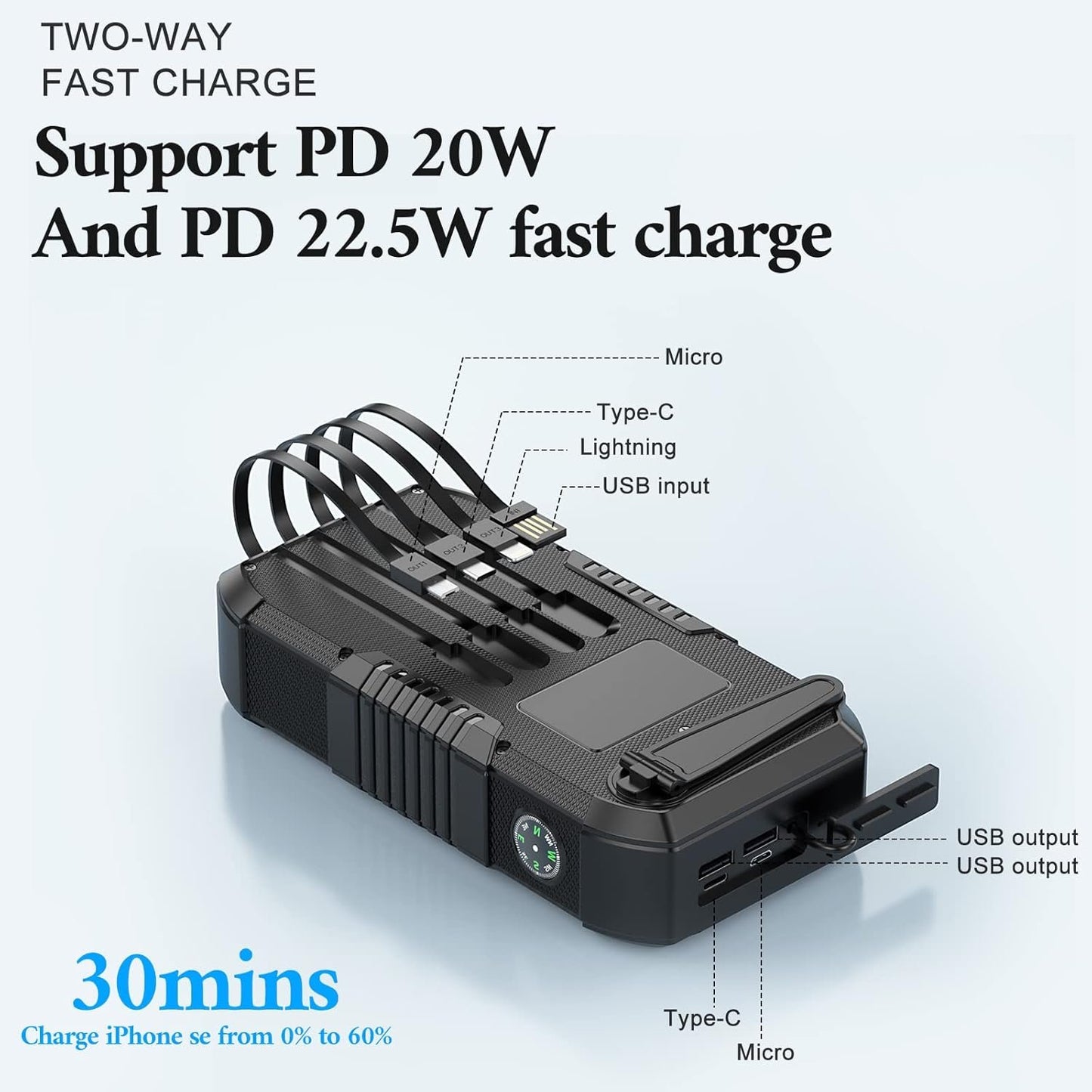 FCJZX Solar Charger Power Bank 66800mAh Built in Hand Crank and 4 Cables 22.5W Fast Charging PowerBank 6 Outputs & 4 Inputs SOS/Strobe/Strong Camping Flashlights, Compass Solar Portable Charger