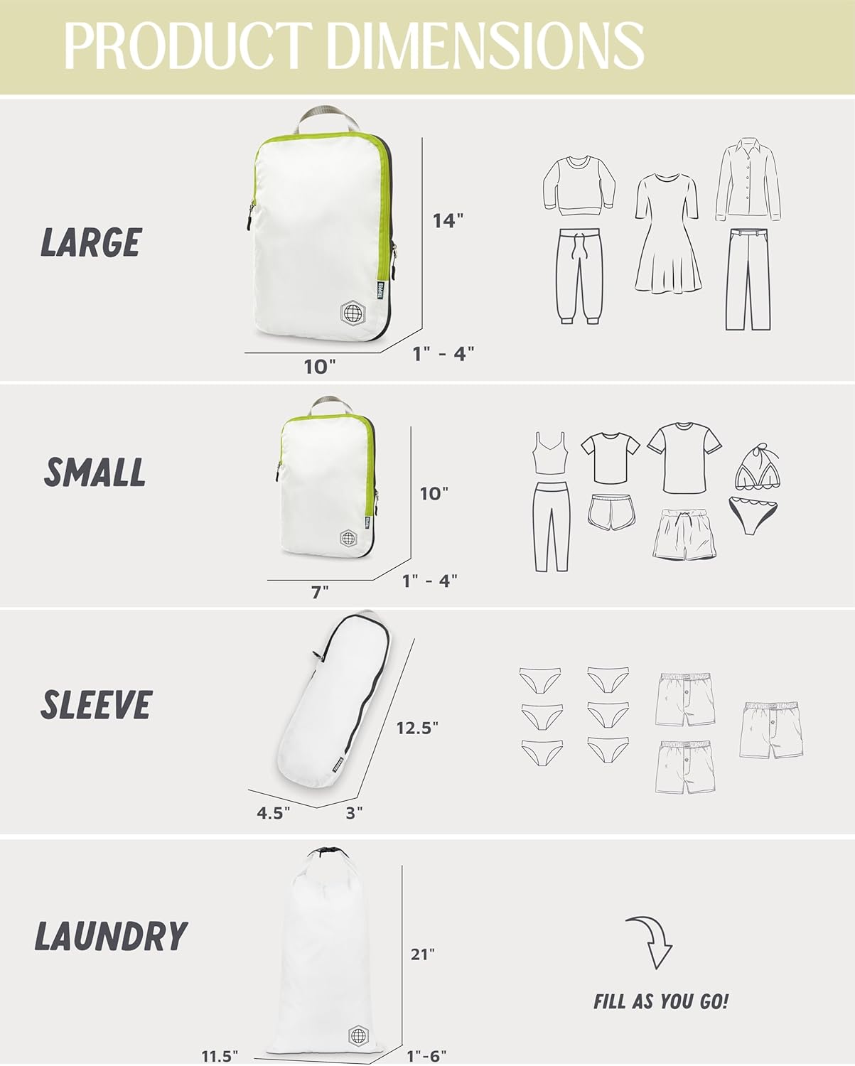 Compression Packing Cubes for Travel - Luggage and Backpack Organizer Packaging Cubes for Clothes (White and Green, 6 Piece Set), White/Green, 6Piece