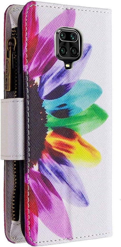 Grandoin Case for Xiaomi Redmi Note 9 PRO/Note 9S, Creative Colourful Retro Zipper Flip Case Leather Wallet Magnetic Stand Cover Protective Case (Sunflower)