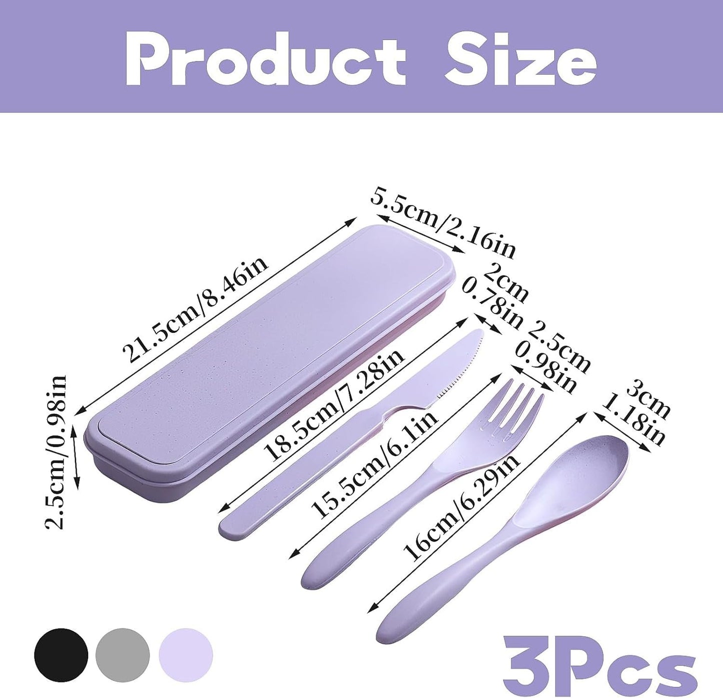 3 Pack Travel Cutlery Set, Reusable Plastic Utensils Knife Fork Spoon Set Portable Camping Utensil Set with Case for Travel Picnic Outdoor (Gray, Black, Purple)