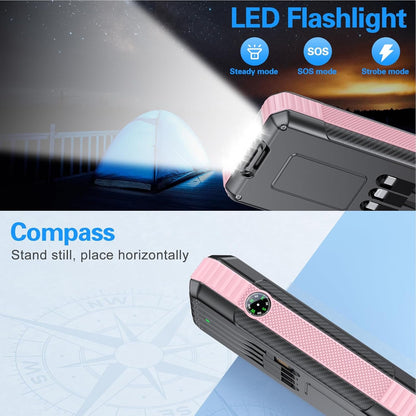 Solar Power Bank 33800mAh Built in 4 Cables, 22.5W USB C Fast Charging Portable Phone Charger, 6 Outputs & 4 Inputs with LED Camping Lights Battery Pack for Outdoor iPhone Samsung Tablet (Rose)