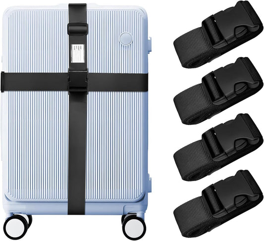 4 Pack Luggage Straps for Suitcases, Travel Adjustable Luggage Band Bag Straps with Luggage Tag, Heavy Duty Non-Slip Suitcase Belt with Quick-Release Buckle Ensure Suitcase Security, Black