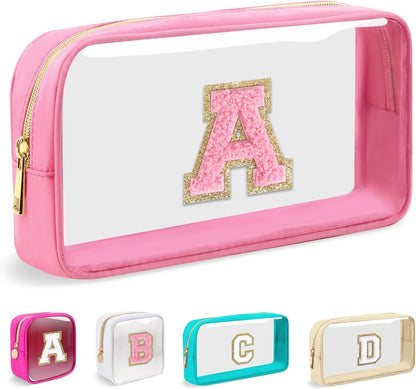 Iqimott Mini Clear Personalized Initial Makeup Bag, Nylon Preppy A-Z Chenille Letter Patch Zipper Cosmetic Bag, Small Cute Pouch Travel Coin Purse Toiletry Bag, Small-Pink, A
