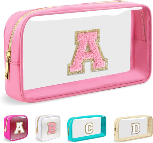 Iqimott Mini Clear Personalized Initial Makeup Bag, Nylon Preppy A-Z Chenille Letter Patch Zipper Cosmetic Bag, Small Cute Pouch Travel Coin Purse Toiletry Bag, Small-Pink, A