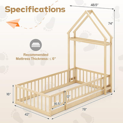 KOMFOTT Twin Size Floor Bed with House-Shaped Headboard, Kids Montessori Floor Bed with Detachable Clothes Hanger, Full Length Safety Guardrails, Door & Latch, Solid Wood Floor Bed Frame