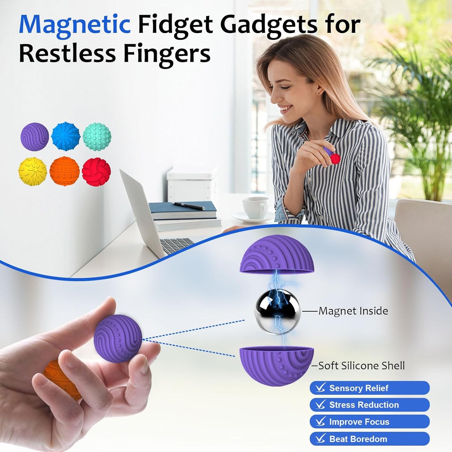 6Pcs Sensory Fidget Ball Toys, Magnetic Stress Balls, Rainbow Silicone Sensory Balls, Quiet Desk Toys for Adults and Children (B)