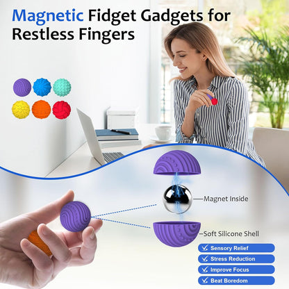 6Pcs Sensory Fidget Ball Toys, Magnetic Stress Balls, Rainbow Silicone Sensory Balls, Quiet Desk Toys for Adults and Children (B)