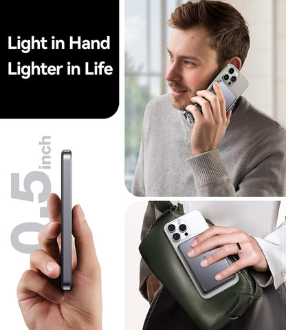 TORRAS MiniMag Power Bank,Ultra-Slim 10,000mAh Magnetic Wireless Portable Charger, 22.5W Fast Charging Battery Pack with USB-C Cable Designed for iPhone 16 Pro Max/16 Pro/16/15/14/13/12, Glacier Gray