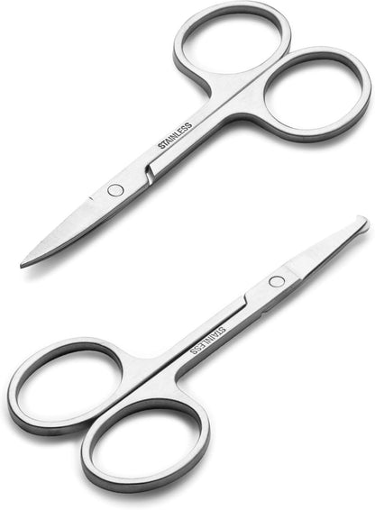 Facial Hair Small Grooming Scissors for Men Women - Eyebrow Hair Trimming Kit - Curved and Rounded Tip for Hair Cutting - 2PCS Silver
