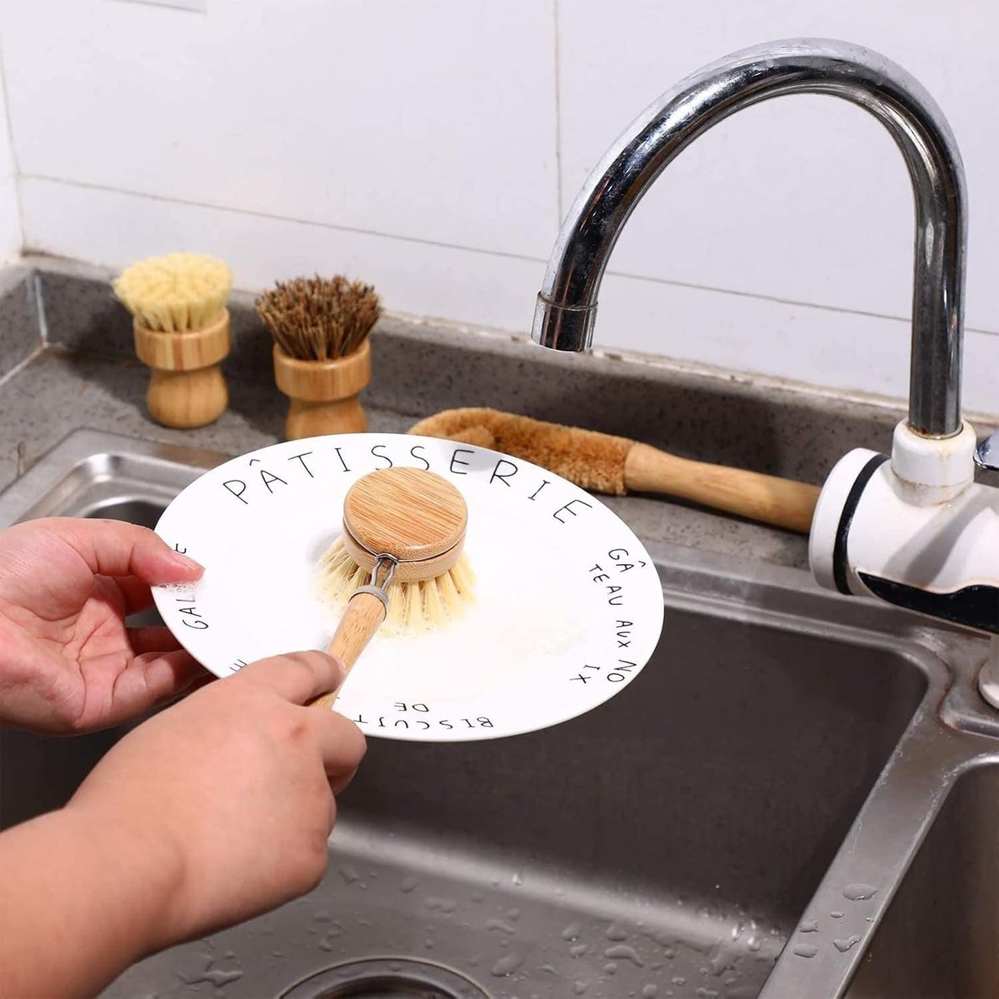 4 Pieces Bamboo Scrub Brush Eco-Friendly Kitchen Cleaning Brush Set Mini Pot Brush Natural Bamboo Dish Scrubber with Bamboo Handle for Kitchen Cleaning Dishes Pots Pans