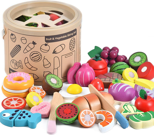 WHOHOLL Wooden Play Food for Kids Kitchen Playset, Play Kitchen Accessories Pretend Cutting Food Montessori Toys for 2+ Year Old with Basket, Toy Food Fruits Vegetables Gift for Fine Motor Skills