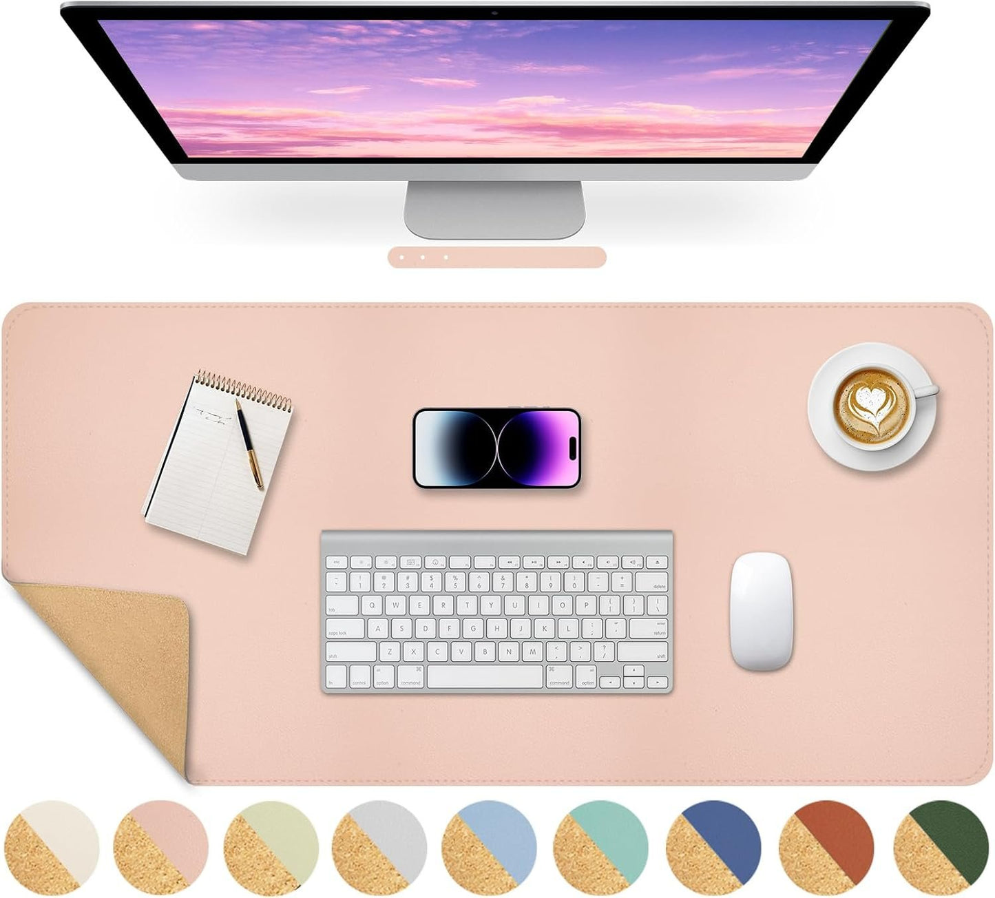 Giecy Leather Desk Pad, Dual-Sided Natural Cork & PU Leather Desk Pad 90 x 43 cm Extended Computer Desk Mat Keyboard Mouse Pads Writing Mat Desk Blotter Pads Mats for Laptop PC Gaming (Pink)