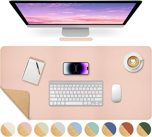 Giecy Leather Desk Pad, Dual-Sided Natural Cork & PU Leather Desk Pad 90 x 43 cm Extended Computer Desk Mat Keyboard Mouse Pads Writing Mat Desk Blotter Pads Mats for Laptop PC Gaming (Pink)