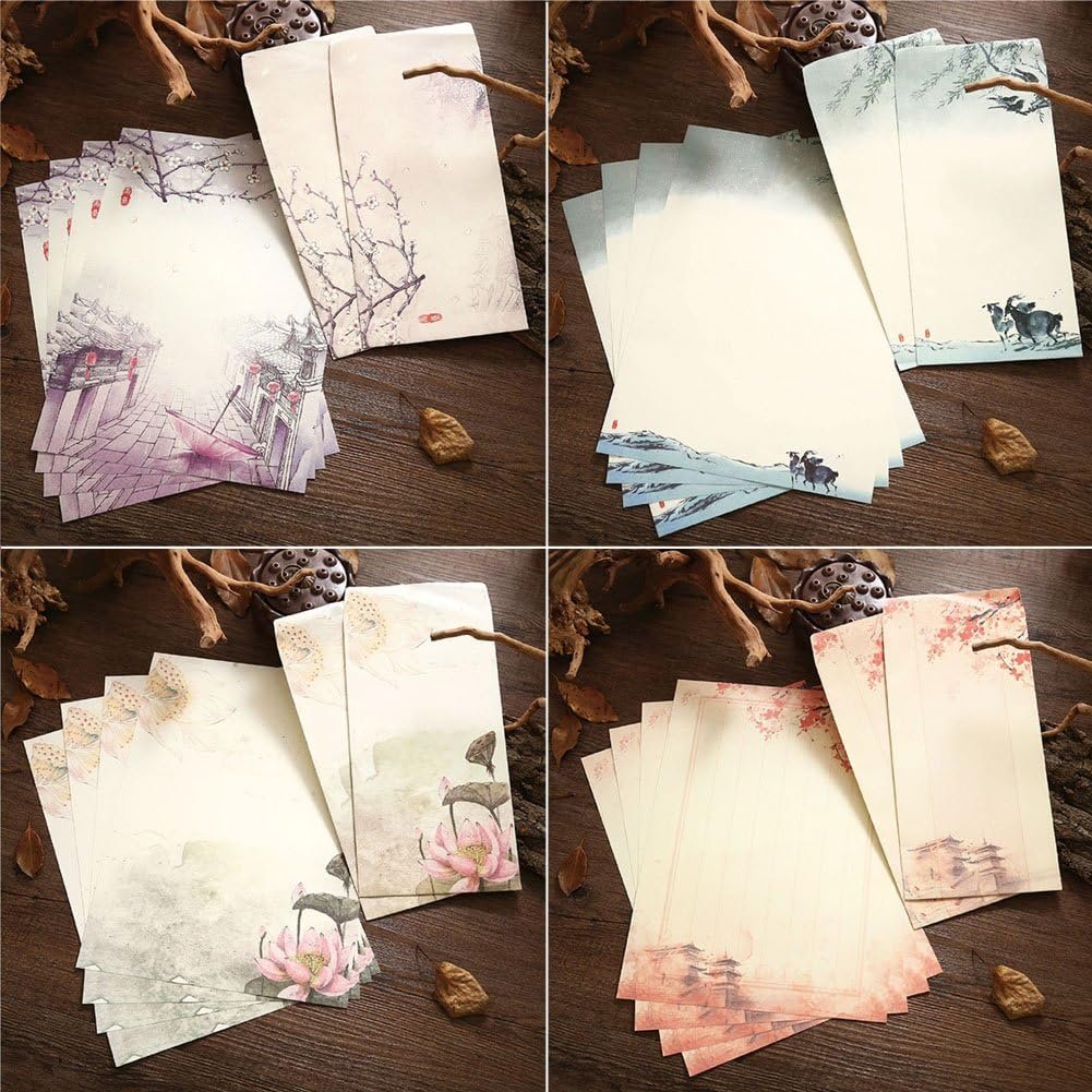 Winrase Set of 32 Chinese Ink Painting Classical Style Design Writing Stationery Paper with 16 Envelopes8 Styles