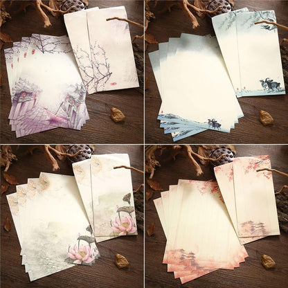 Winrase Set of 32 Chinese Ink Painting Classical Style Design Writing Stationery Paper with 16 Envelopes8 Styles