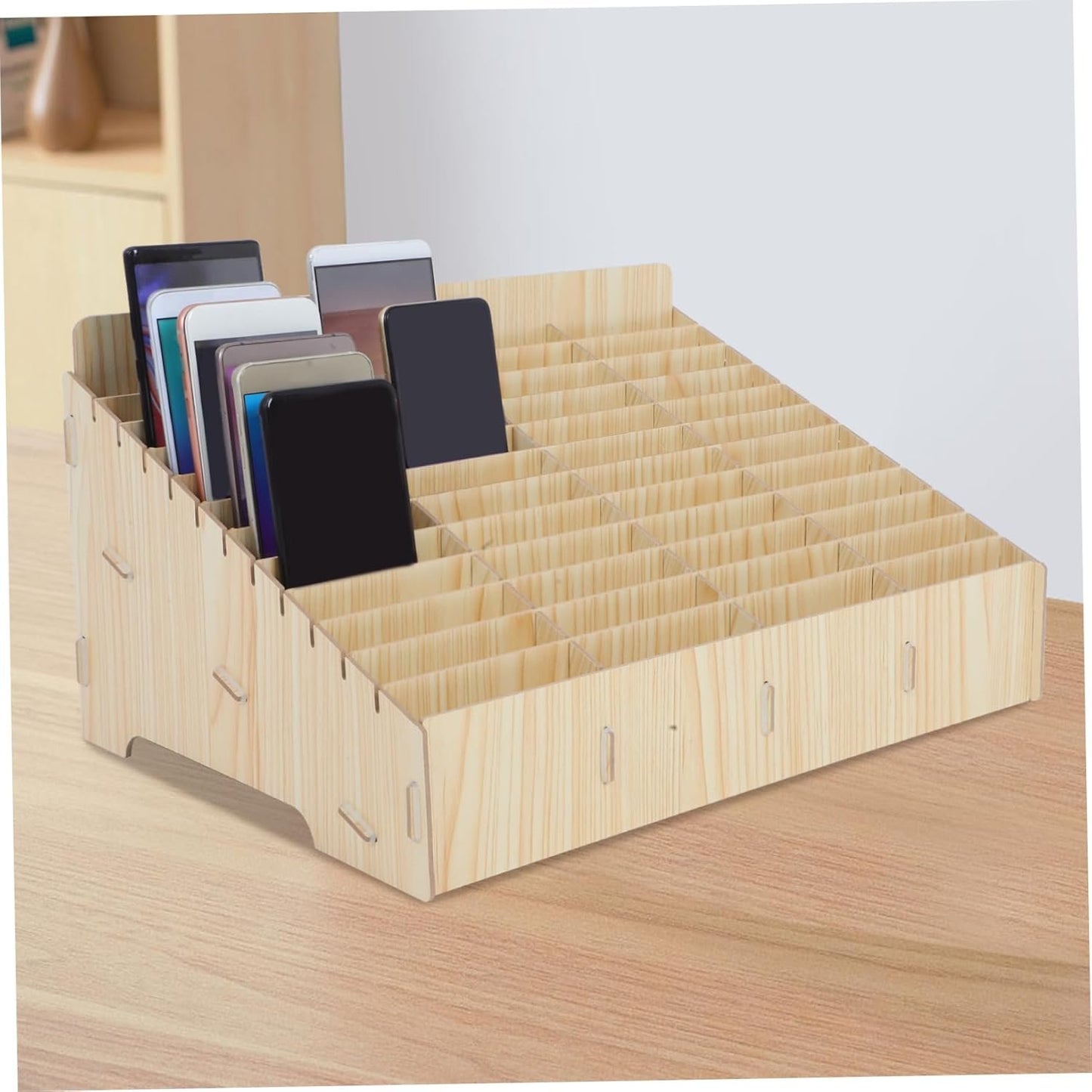 Luxshiny 48 Wooden Phone Organizer with Compartments Desktop Storage Box for Office School and Classroom Efficient Mobile Device Management and Enhanced Workspace Organization