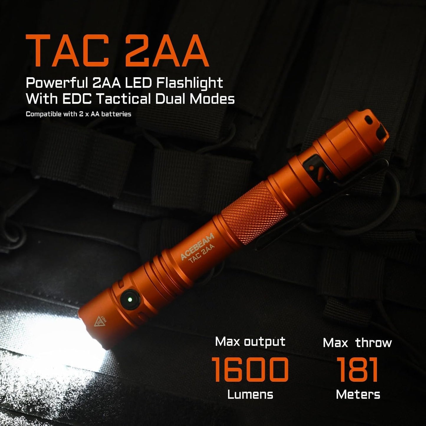 ACEBEAM TAC 2AA EDC Tactical Dual Modes Flashlight Rechargeable, 1600 High Lumens, Dual Switch Pocket LED Flashlight, Super Bright Small Flash Light for Emergency, Camping, Home