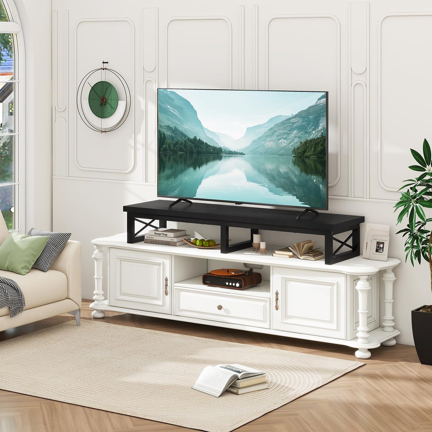 IBUYKE TVT002B 32-60 Inch TV Stand, Low Cabinet for 2 Tiers, Office Desk with Double Screen, TV Cabinet for Living Room and Bedroom, Black