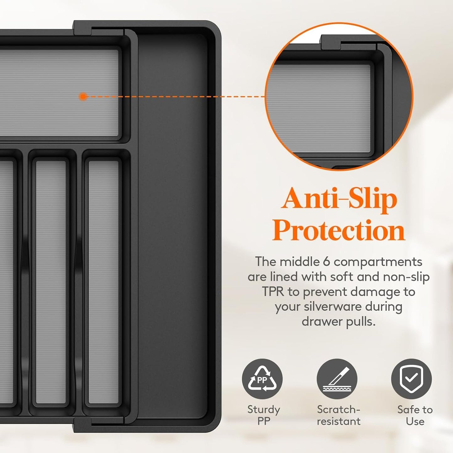 Lifewit Silverware Drawer Organizer, Expandable Utensil Tray with Non-Slip TPR, Deep Flatware Cutlery Holder, Adjustable Plastic Kitchen Storage for Spoons Forks Knives, Large, Black and Gray