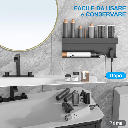Gaethra Wall Mounted Hair Dryer Holder, 7 in 1 Strong and Rustproof Adhesive Holder, Perfect for Bathroom and Hair Care, Includes Hair Straightener Holder, Black Bathroom Hairdryer Hanger