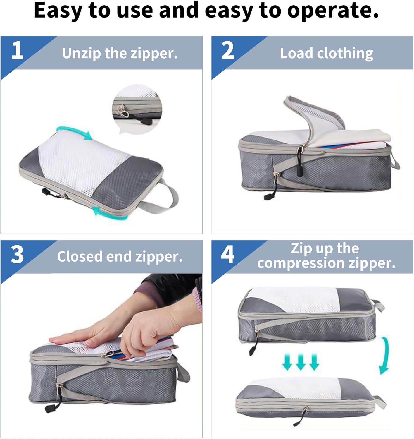 Space-Saving Suitcase Organizer 4 Pieces Set Waterproof Packing Cubes Compression, Suitcase Organizer, Travel Accessories, Travel Essentials, Travel Organizer for Clothes, Shoes, Underwear, Grey