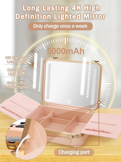 TOROKOM Travel Makeup Train Cases, Lighted Mirror Makeup Bag Cosmetic Case Organizer Adjustable Brightness Portable Makeup Storage Box For Makeup Brushes Accessories Tools, Pink