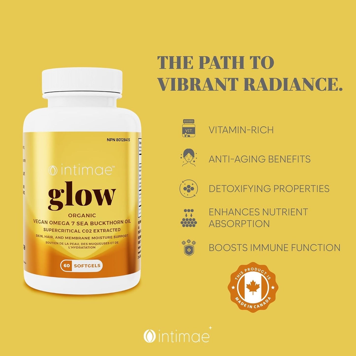 Intimae Glow Sea Buckthorn Oil - Omega 7 Supplement for Skin, Hair, Nails & Intimate Care - Essential Fatty Acid Capsules for Vaginal Moisture, Dryness Relief, & Skin Rejuvenation - 60 Softgels