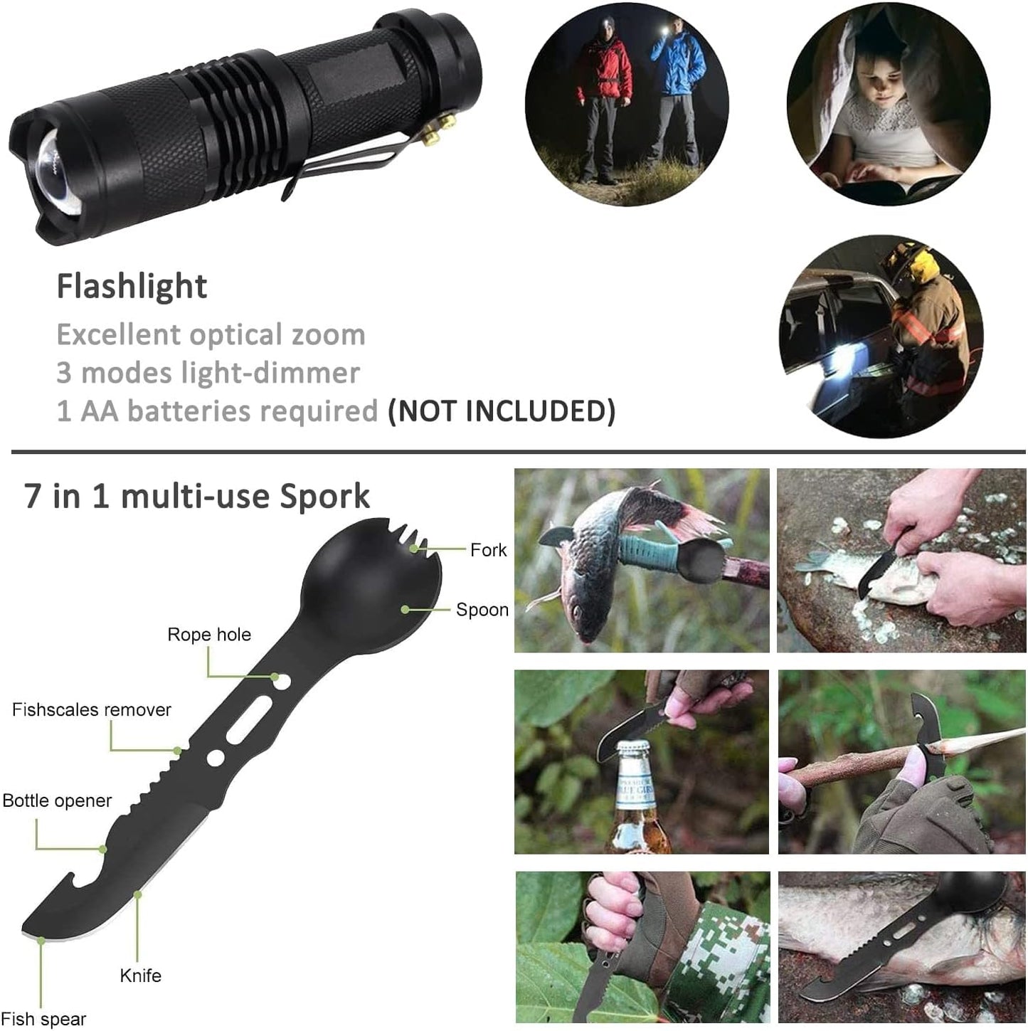 Pepego Survival Kit,13 in 1 Survival Gear and Equipment, First Aid Kit with Survival Emergency Knife Blanket Flashlight Compass Multispork Whistle Screwdriver for Camping Adventures