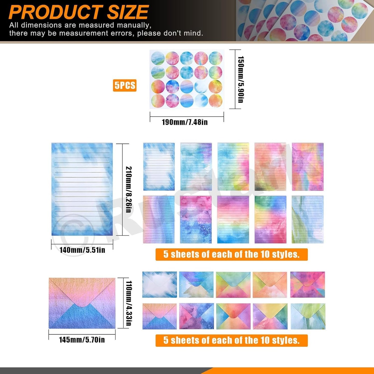 Rustark 200pcs Watercolor Stationery Paper and Envelopes Set with Stickers, Double-Sided Stationery Paper Lined Paper Sheets Watercolor Envelopes for Writing Letters Greeting Cards Invitations