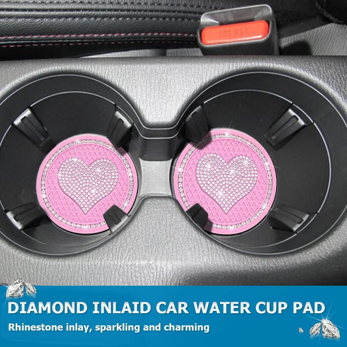 XINLIYA Heart Bling Car Cup Holder Coaster, 2PCS Universal Crystal Rhinestone Loving Heart Car Coasters, Cute Vehicle Anti-Slip Drink Cup Mat, Auto Interior Accessories Universal for Women Girls (Pink)