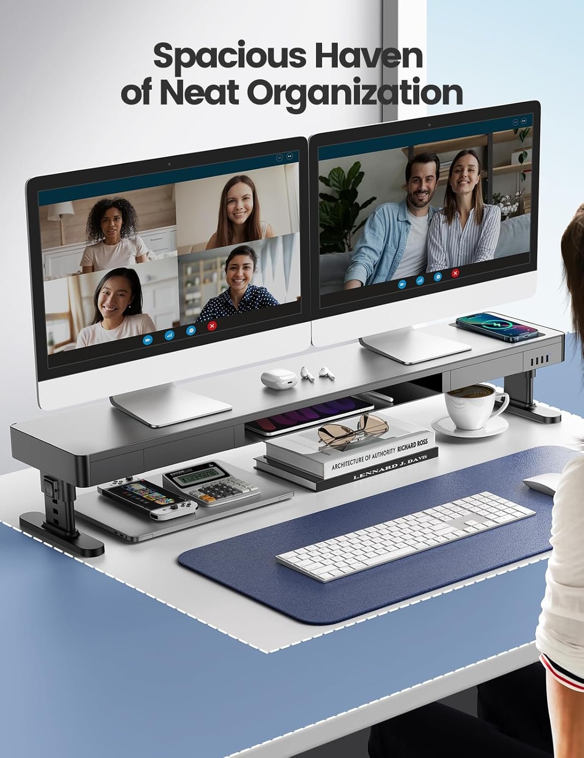 meatanty Dual Monitor Stand with 4 Adjustable Heights, Auto Phone Charging Pad, 4 USB Ports, Computer Riser with Drawers Storage, Metal Double Desk Organizer Lifter Raiser for 2 Monitors Screen