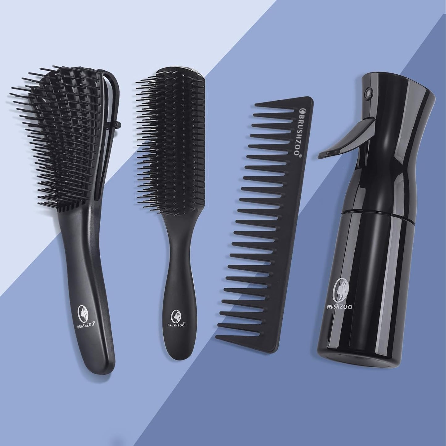 BRUSHZOO Hair Brush Set for Women, Men, and Kids - Detangling Brushes for Curly and Natural 3/4abc Hair, Wide Tooth Comb, Detangler Brush, and Hair Spray Bottle