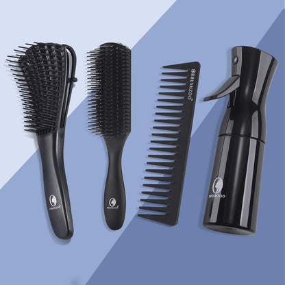 BRUSHZOO Hair Brush Set for Women, Men, and Kids - Detangling Brushes for Curly and Natural 3/4abc Hair, Wide Tooth Comb, Detangler Brush, and Hair Spray Bottle