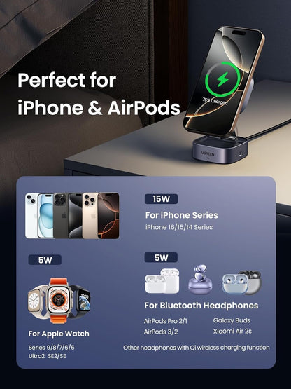UGREEN MagFlow Qi2 Wireless Charger, 15W 2 in 1 Magsafe Charging Station for Travel, Foldable Adjustable, Compatible with iPhone 16/15/14/13/12 Series, AirPods 3/2/Pro (No AC Adapter)