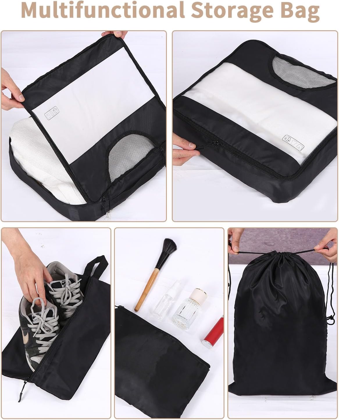8 Pieces Space Saving Suitcase Organizer, Packing Cubes, Travel Travel Suitcase Organizer, Black